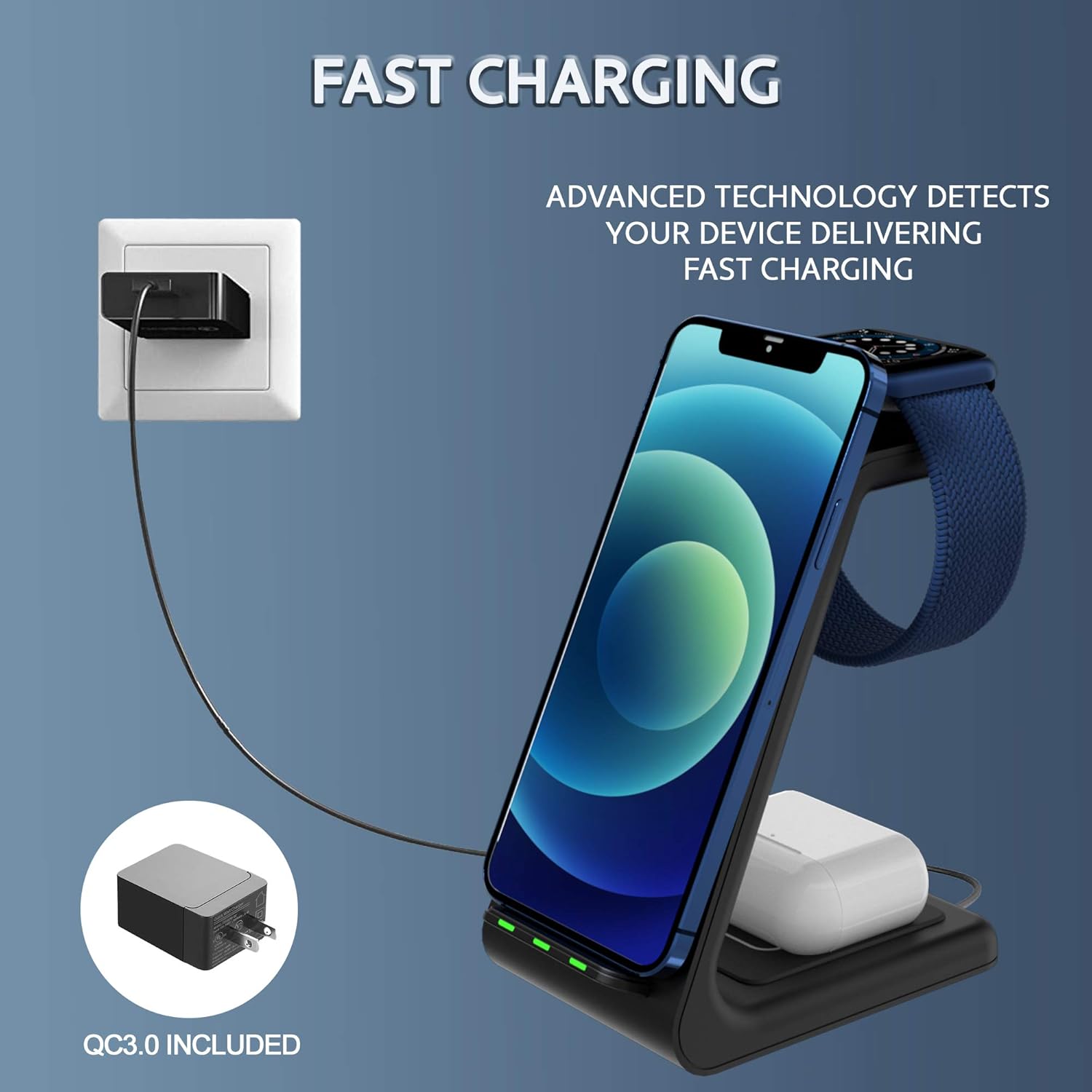 3 in 1 Wireless Charging Station for Multiple Devices - Qi Certified Charger Dock - Compatible with Apple Watch Charger 6,5,4,3,2 & AirPods Pro, iPhone 12 11 Pro Max Xs X Xr 8 (with QC 3.0 Adapter): Electronics