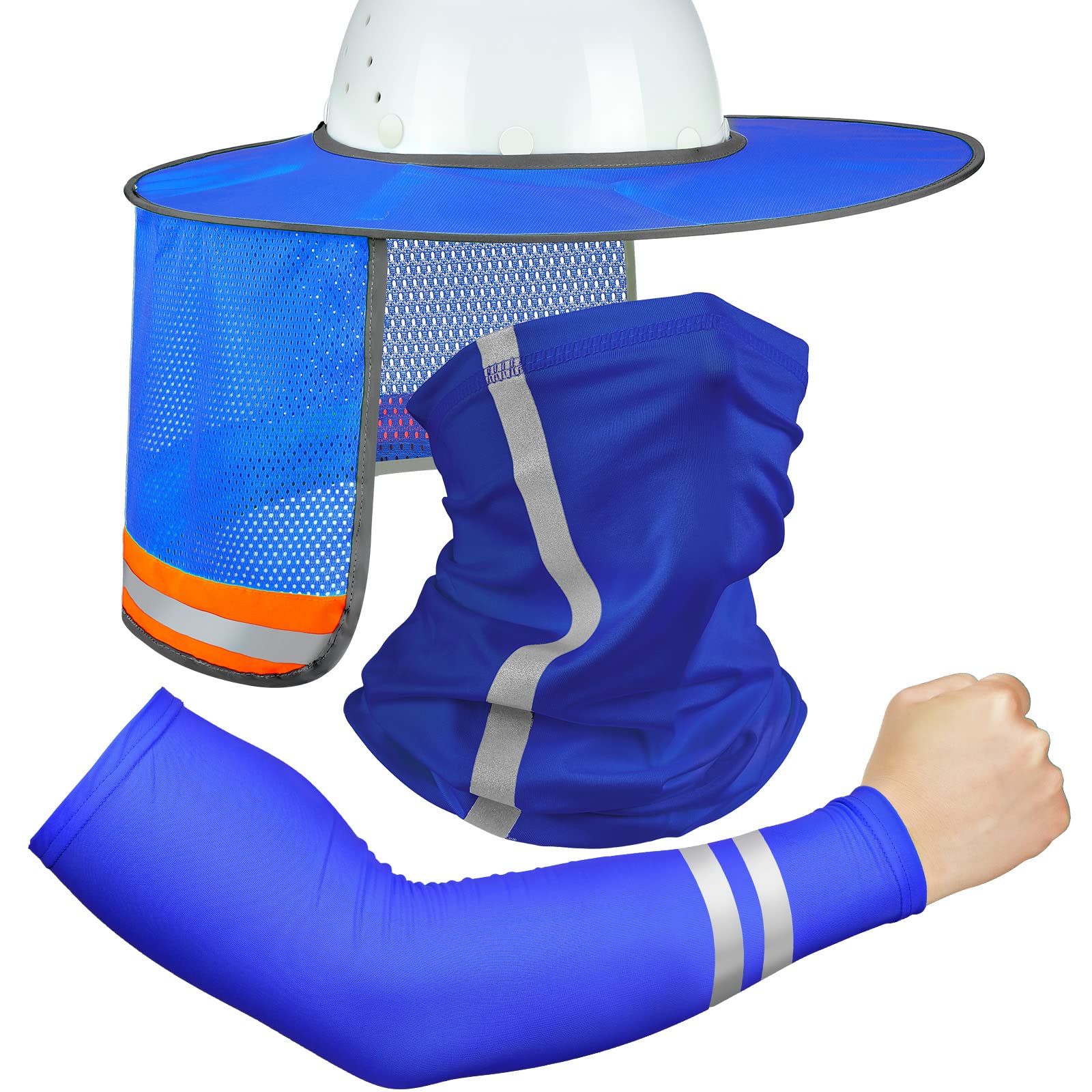 Photo 1 of SATINIOR 3 Pcs Sun Hard Hat High Visibility Full Brim Mesh Neck Sunshade Bandana Headband Arm Sleeves with Reflective Strap (Blue)