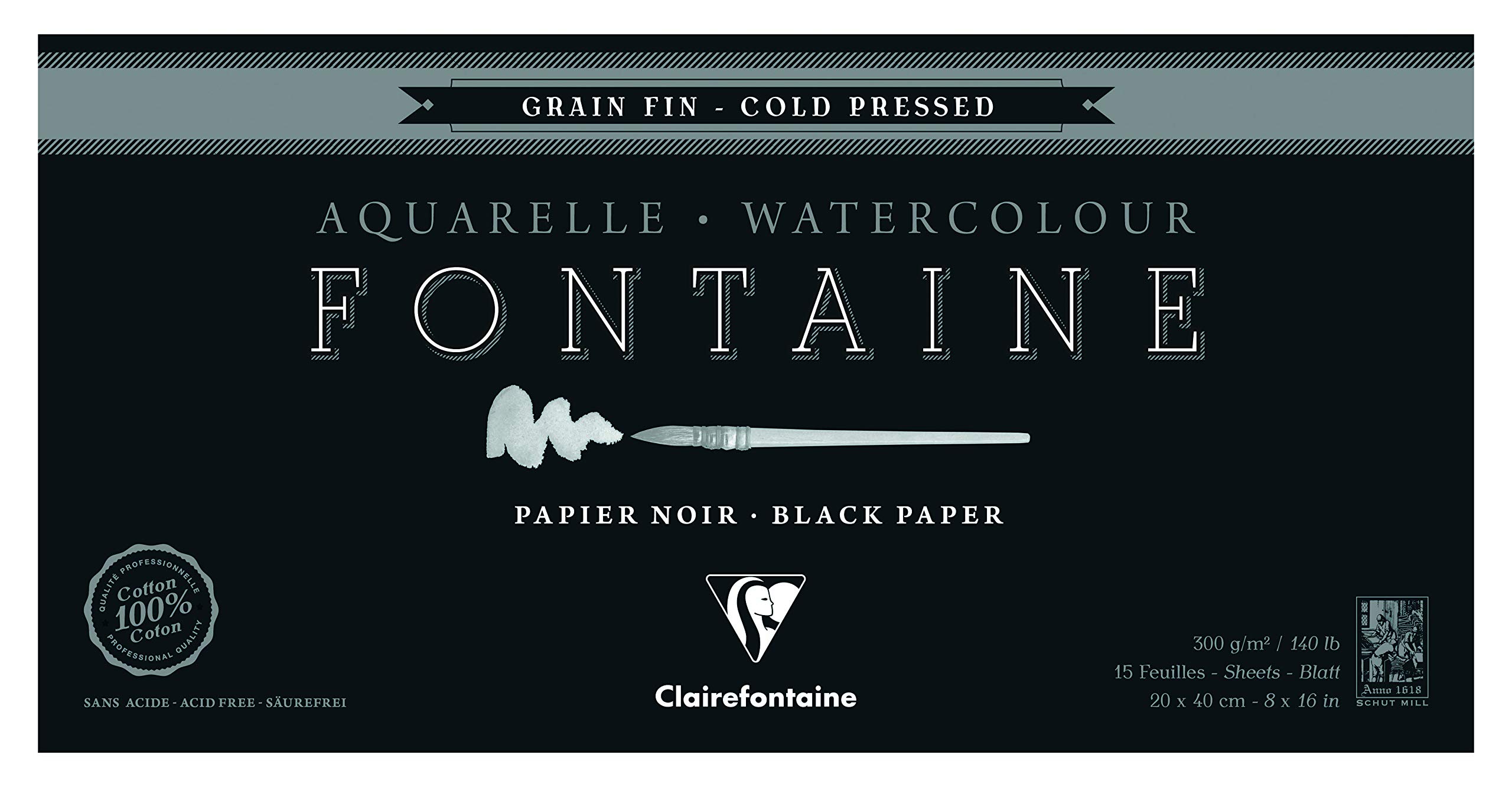 Clairefontaine - Ref 975304C - Fontaine Cold Pressed Black Watercolour Pad (15 Sheets) - 20 x 40cm Size, 300gsm Paper - Suitable for Watercolour Artwork