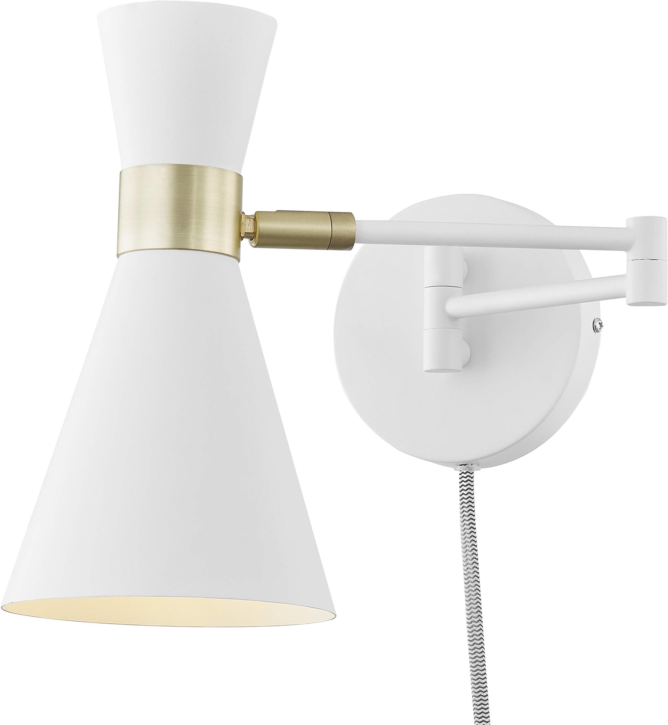 Light Society LS-W279-WH Beaker Plug-in Wall Sconce in Matte White with Swivel Arm and Brass Details, Modern Mid-Century Retro Style Lighting