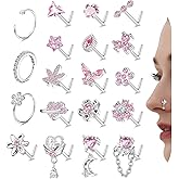 Drperfect Nose Rings L Shaped Nose Studs Ring Hypoallergenic Stainless Steel Nose Ring-Dangle CZ Butterfly Flower Nose Studs Hoops Piercings Jewelry Gift for Women Men 20G Pink/Blue/Clear