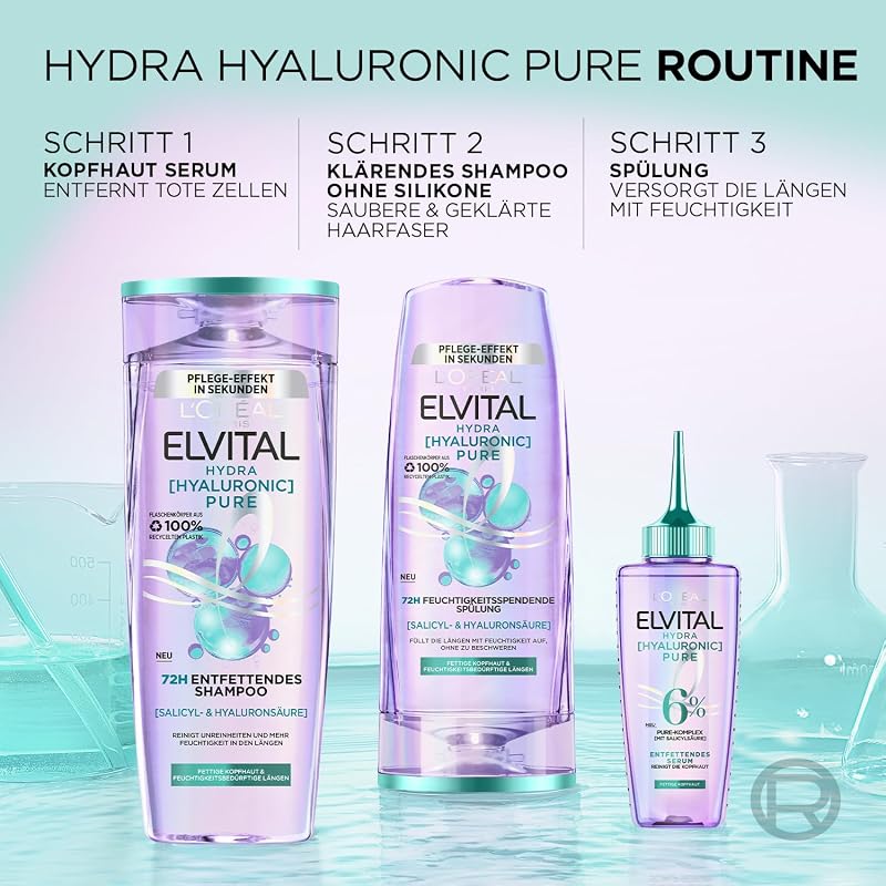 L'Oréal Paris Elvital Hydra Hyaluronic Pure feuchtigkeitsspendendes Serum für glänzendes, lebendiges Haar, mit Salicyl- und Hyaluronsäure für einen Feuchtigkeitsboost, Feuchtigkeit und Pflege, 102ml