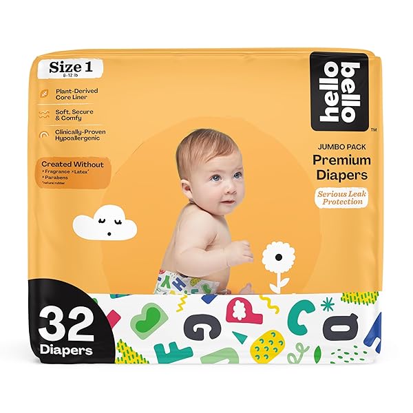 HELLO BELLO PREMIUM BABY DIAPERS SIZE 1, 32 COUNT OF DISPOSABLE, EXTRA-ABSORBENT, HYPOALLERGENIC BABY DIAPERS WITH SNUG AND COMFORT FIT, ALPHABET SOUP