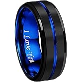 CROWNAL 6mm/8mm Tungsten Carbide Wedding Rings Men Women Blue/Rose Gold Line Ring Black and Silver Brushed Engraved I Love You Comfort Fit Size 4 To 16