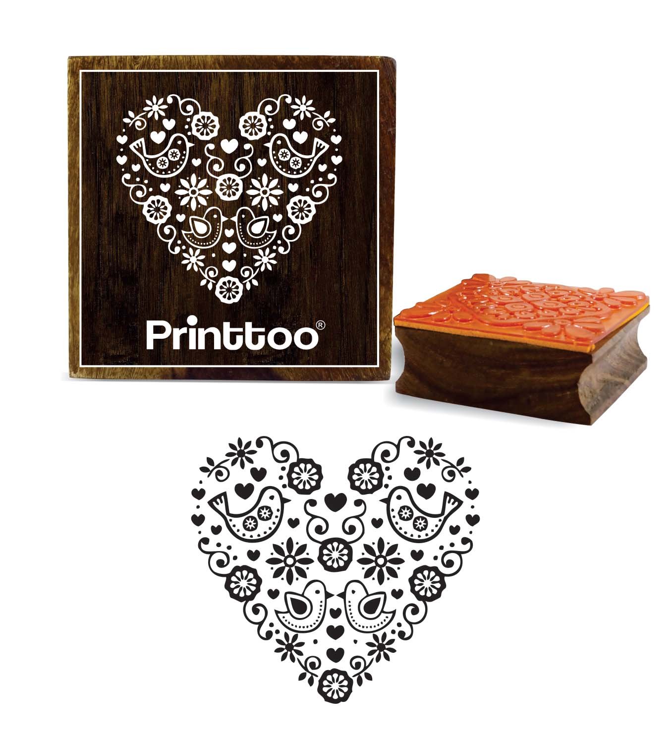 Printtoo Heart & Bird Pattern Brown Wooden Rubber Stamp Card Making Square Stamps-5 x 5 Inches
