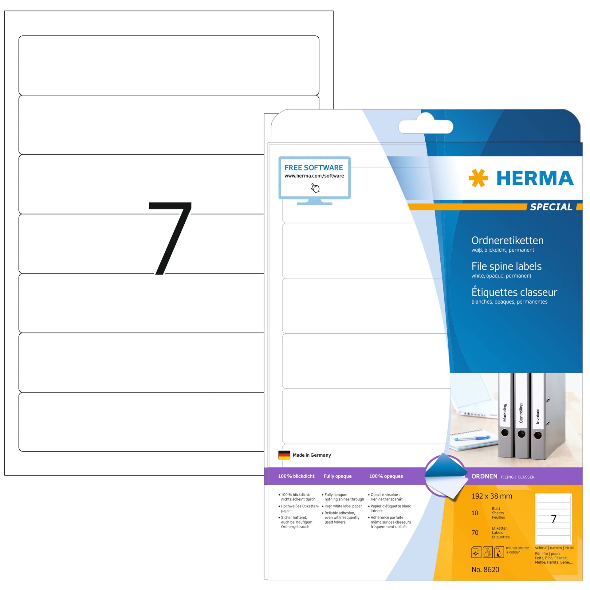 HERMA Self Adhesive Spine Labels, 7 Labels per A4 Sheet, 10 Sheets, 192 x 38 mm, 70 Labels, Blank Lever Arch File Folder Labels Stickers, Sticky Labels for Laser & Inkjet Printer, White