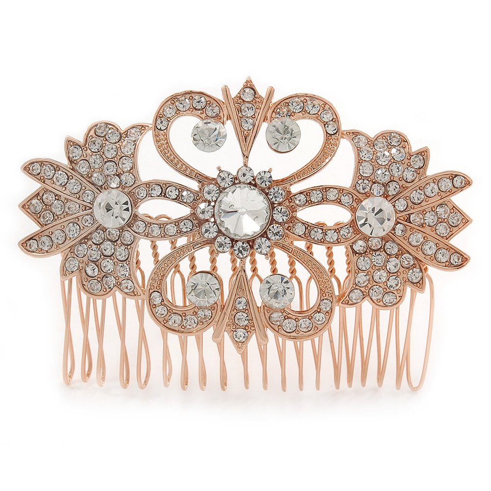 Bridal/Wedding/Prom/Party Art Deco Style Rose Gold Tone Austrian Crystal Hair Comb - 80mm W