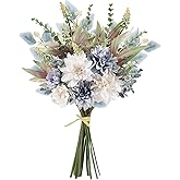 Fake Artificial Flowers Bouquet for Decoration, Silk Floral Arrangements Faux Flowers Plant Wedding Bride Bouquets Tables Centerpieces for Rustic Home Decor Indoor Vase Floral Table Decor (Blue White)
