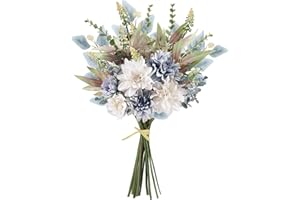 PUSUNY Fake Artificial Flowers Bouquet for Decoration, Silk Floral Arrangements Faux Flowers Plant Wedding Bride Bouquets Tables Centerpieces for Rustic Home Decor Indoor Vase Floral Table Decor (Blue White)