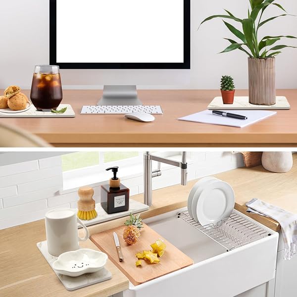 2 PCS WATER ABSORBING STONE TRAYS FOR BATHROOM COUNTER KITCHEN SINK TRAY DISH SOAP DISPENSER MAT DRYING VANITY TRAYS CERAMIC COASTERS SINK STAND CADDY SPONGE HOLDER MARBLE BATHROOM ACCESSORIES TRAYS