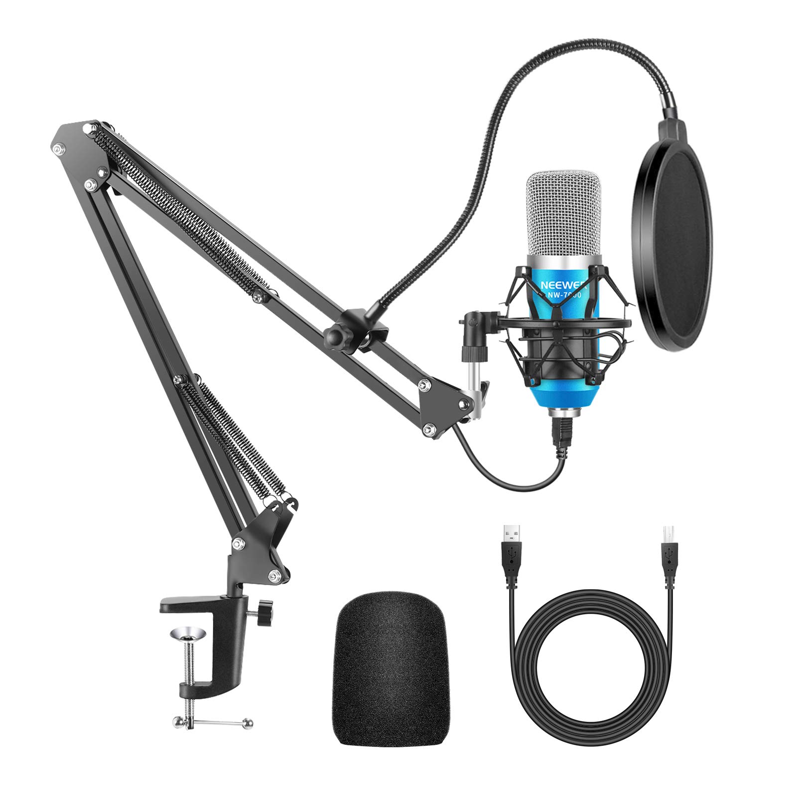 Neewer USB Microphone for Windows/Mac with Scissor Arm Mount, Shock Mount, USB Cable and Table Mount Kit for Broadcasting and Sound Recording (Blue and Silver)