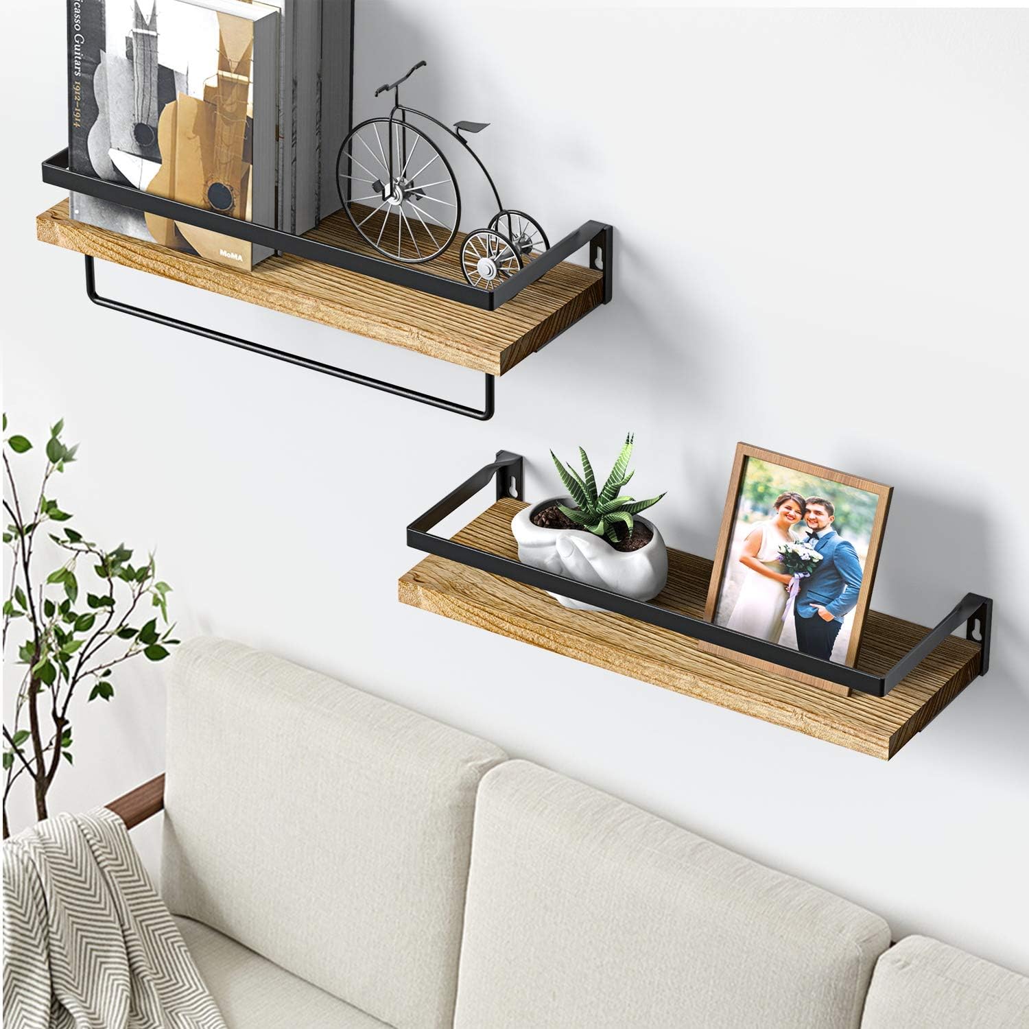 Amada Rustic Floating Shelves Wall Mounted, Solid Paulownia Wood Set of 2 for Kitchen, Bathroom, and Bedroom, Decorative Storage Shelf with Removable Towel Holder, Strong Black Metal Frame: Furniture & Decor