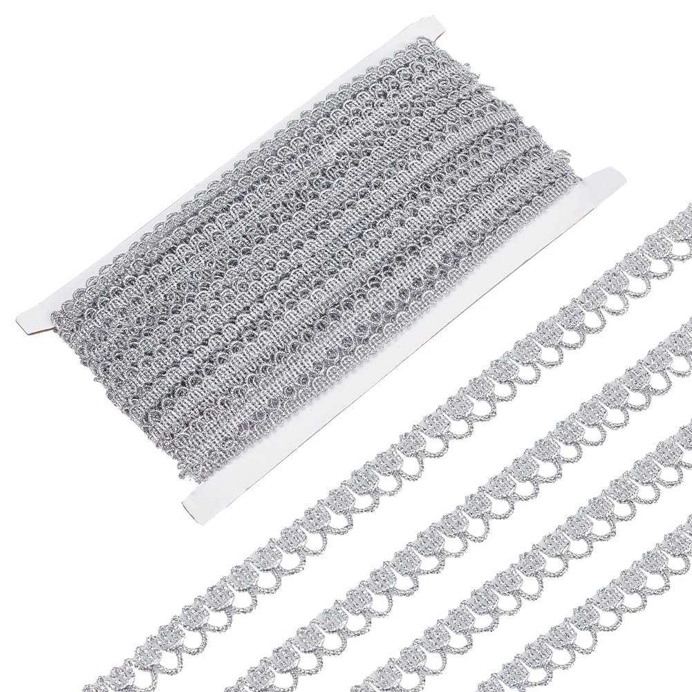 MAYJOYDIY 18m Silver Braided Metallic Lace Trim 11mm Wide Metallic Edge Trim Woven Gimp Fringe Trim Decorative Gimp Braid for Curtain Lampshades Sewing Bag Costume DIY Crafts