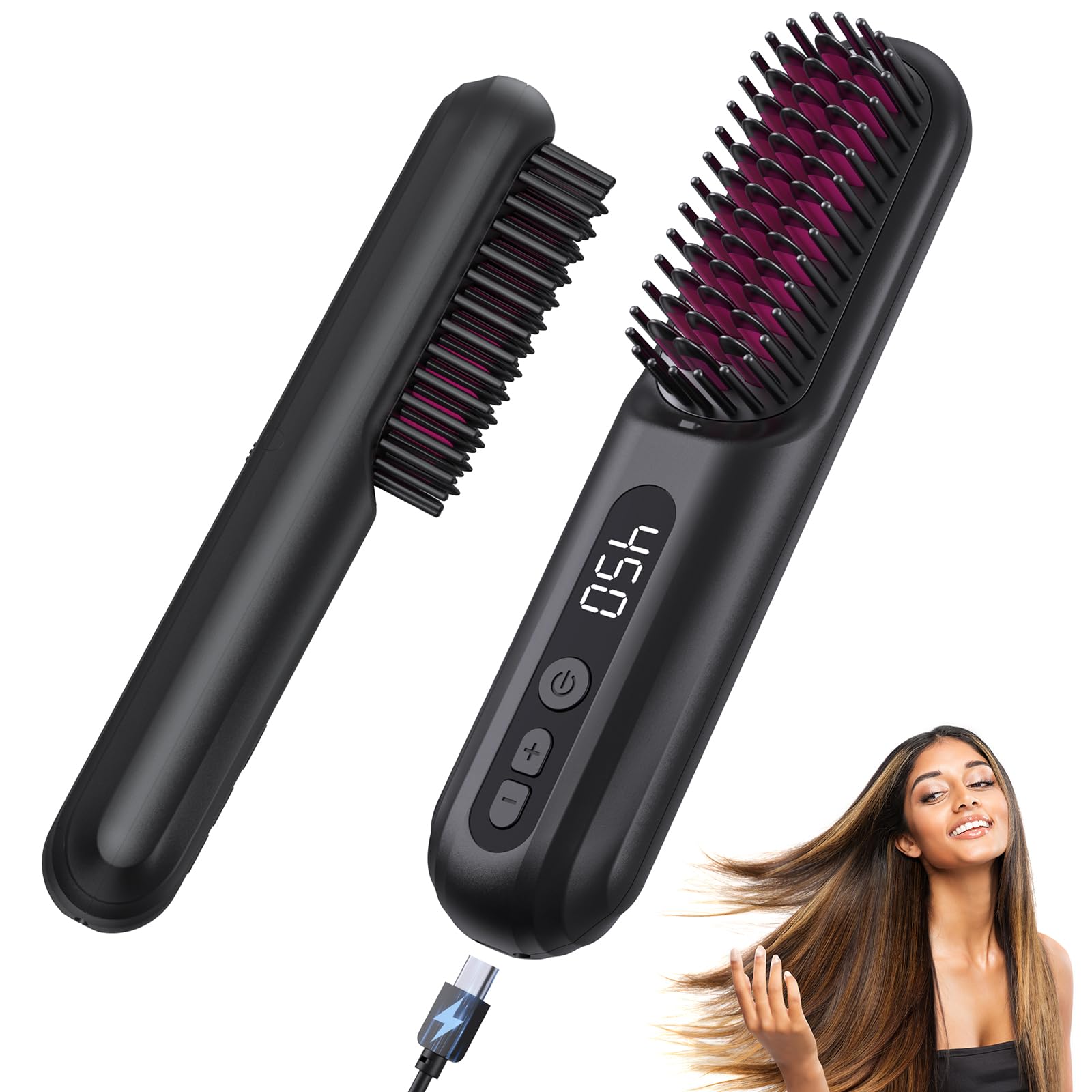 Photo 1 of Cordless Hair Straightener Brush - Portable Straightening Comb For Travel - 30s Fast Heating,10000mAh Dual USB-C Rechargeable, 300 Million Negative Ions Smoother, Lightweight On-the-Go, Gift for Women