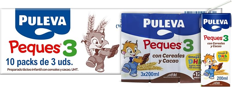 PULEVA KIDS 3 com Cacau e Cereais dos 12 aos 36 meses - 10 embalagens de 3x200ml