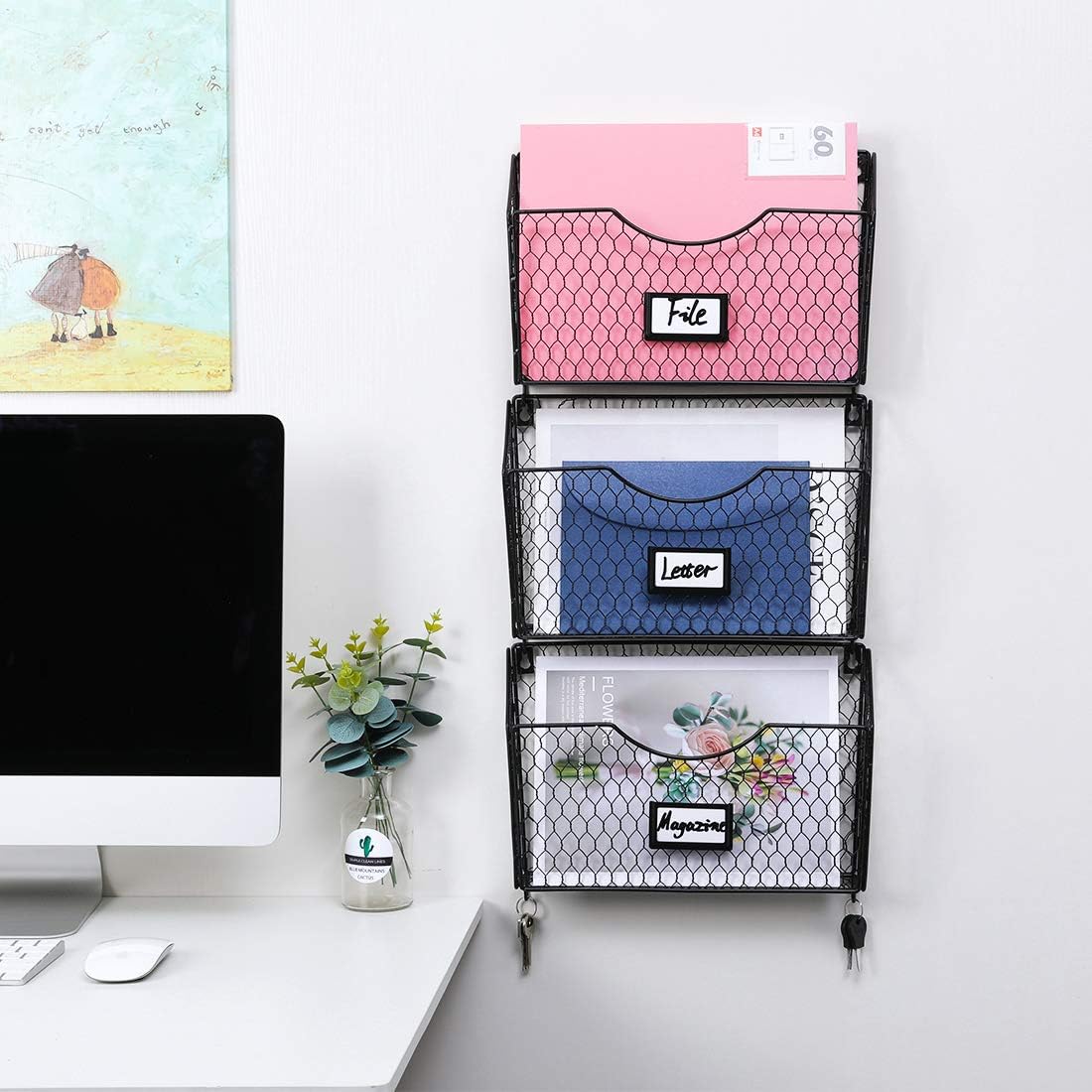 PAG 3 Pockets Hanging File Holder Wall Mount Mail Organizer Metal Chicken Wire Magazine Rack with Tag Slot (Black-DG) : Office Products