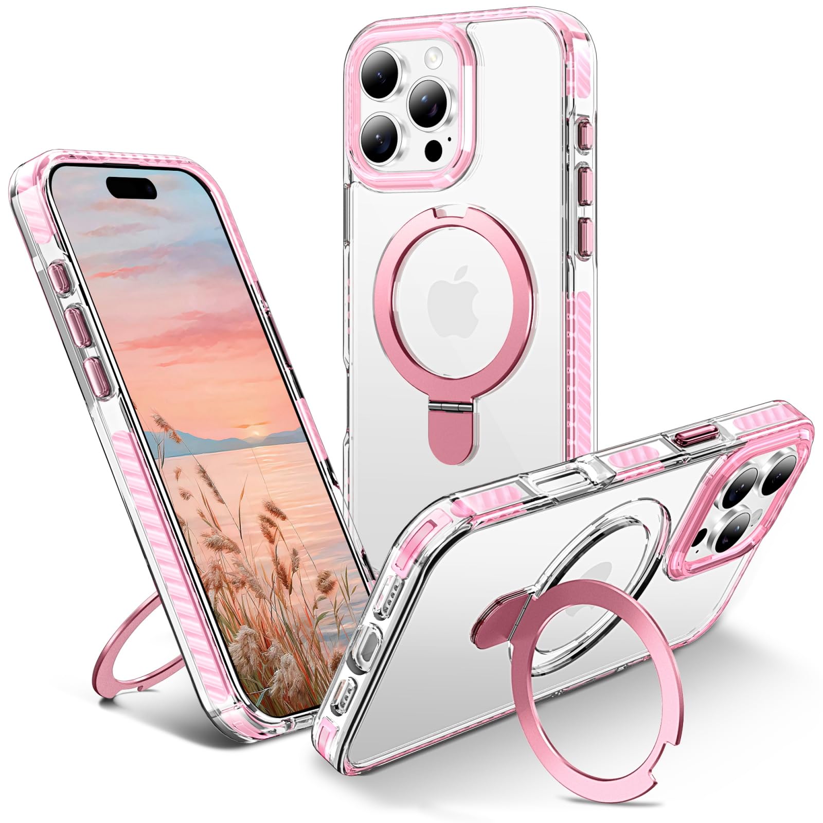 Photo 1 of UMIONE for iPhone 16 Pro Clear Magnetic case with Stand and Finger Ring, Compatible with magsafe, Shockproof Transparent Hard Plate, Full Body case, Universal for Boys and Girls 6.1 - Pink