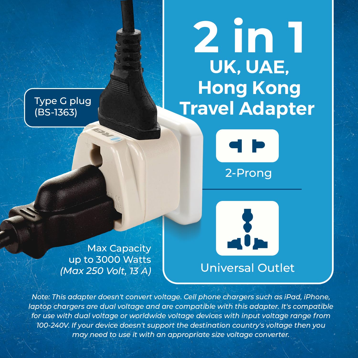 OREI UK Adapter for Indian Pins, India to UAE, Hong Kong, Dubai Adapter - Type G Plug - 2 in 1 - Perfect for Laptop, Camera Charger and More, UK Travel Adapter - CE - RoHS - Beige - 5 Years Warranty