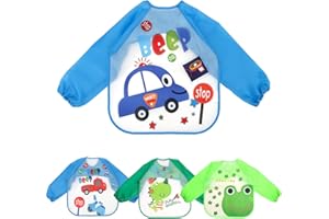 BAHABY 4 Packs Kids Art Smocks Toddler Aprons Painting Apron for Children Waterproof Artist Smock with Long Sleeve