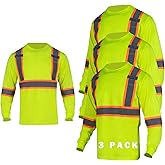 FONIRRA High Visibility Shirts for Men 3 Pack Reflective ANSI Class Hi Vis Safety Construction Work T Shirt Long Sleeves