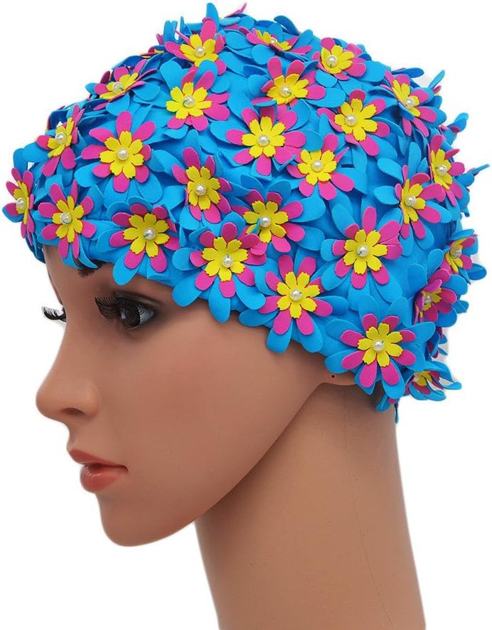 Medifier Swim cap Floral Petal Retro Style Bathing Caps for Women Blue