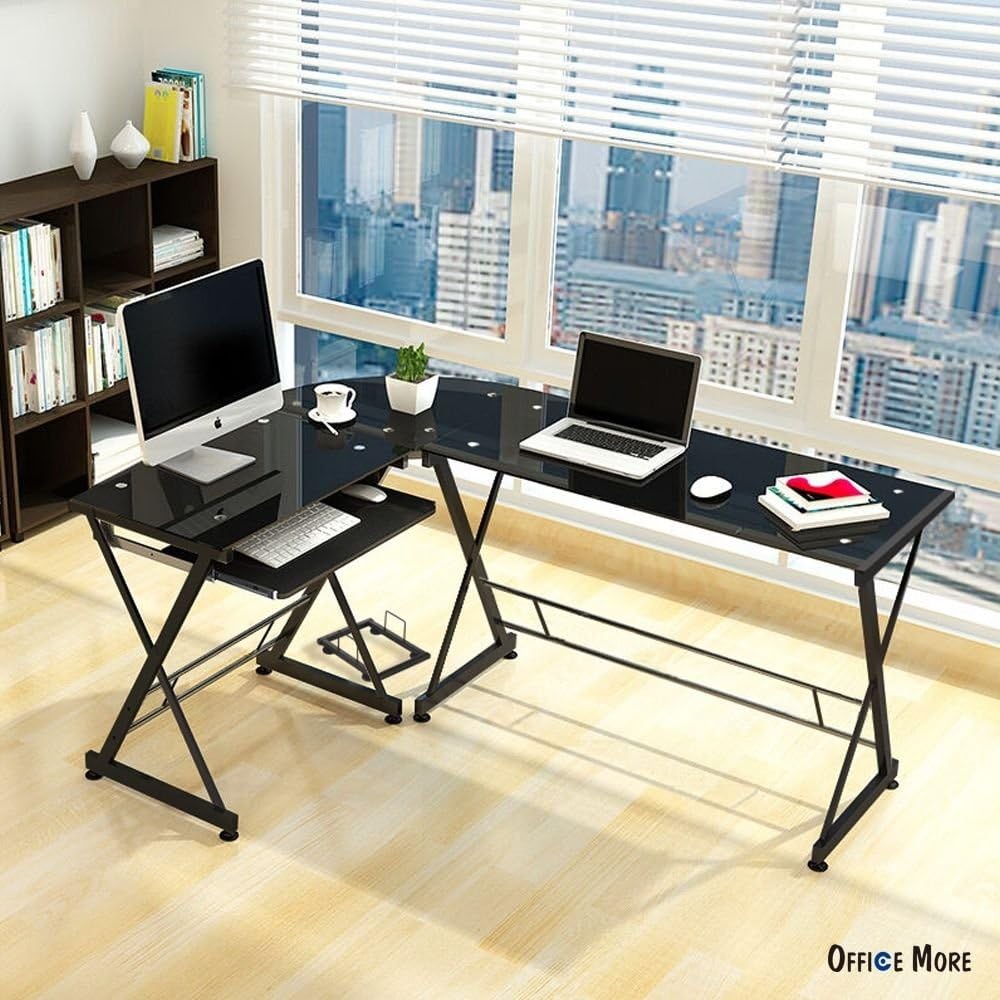 LShape Corner Computer Desk PC Glass Laptop Table
