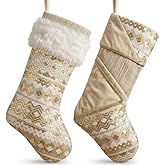 Valery Madelyn Christmas Stockings Decorations, 18 Inch Fabric 2 Pack White Gold Corrugation Exquisite Plush Personalized Fireplace Hanging Ornament for Holiday Xmas Party Decor