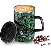 Ideus Vacuum Insulated Coffee Mug, 16oz Reusable Stainless Steel Thermal Double Walled cup with Handle and Slider Lid for Hot & Cold Beverages, BPA Free (Green Zebra)