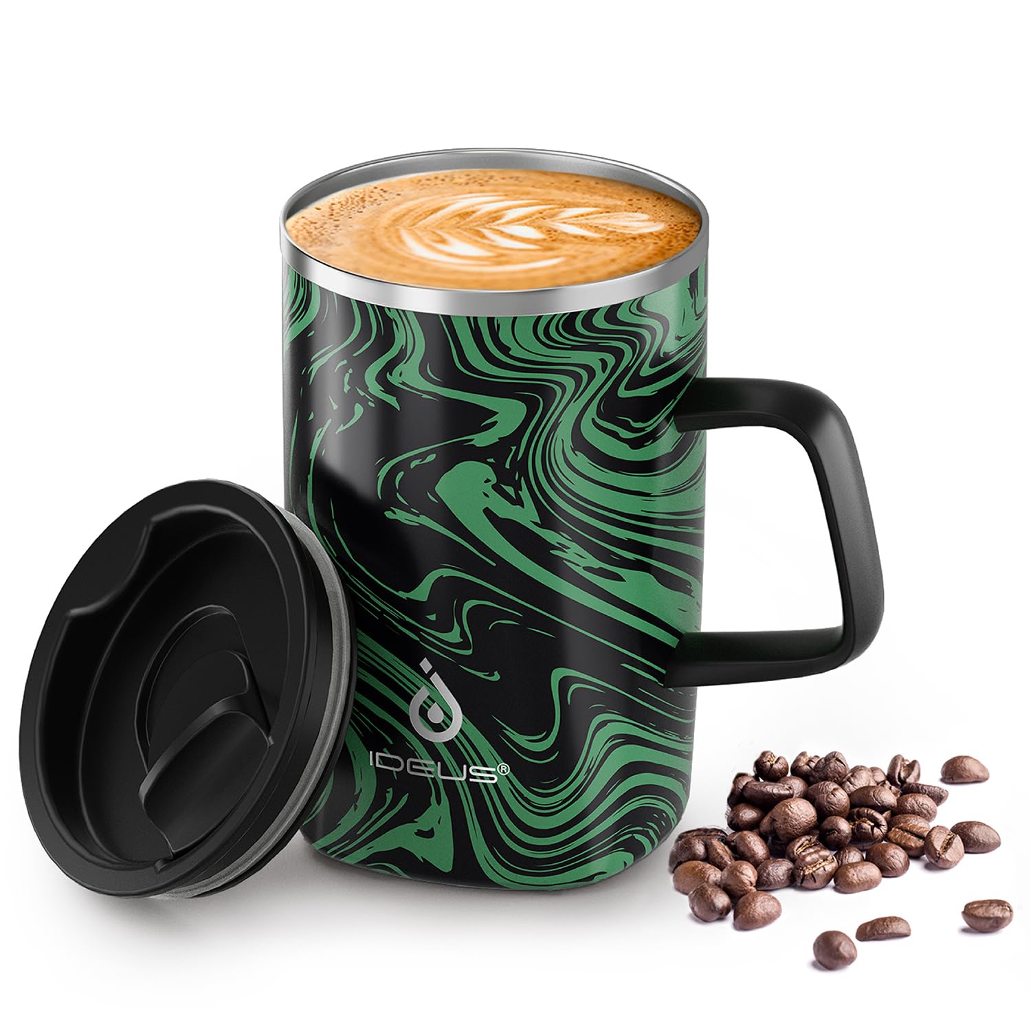Ideus Vacuum Insulated Coffee Mug, 16oz Reusable Stainless Steel Thermal Double Walled Cup with Handle and Slider Lid for Hot & Cold Beverages, BPA Free (Green Zebra-Fuji SNOWGLOW)