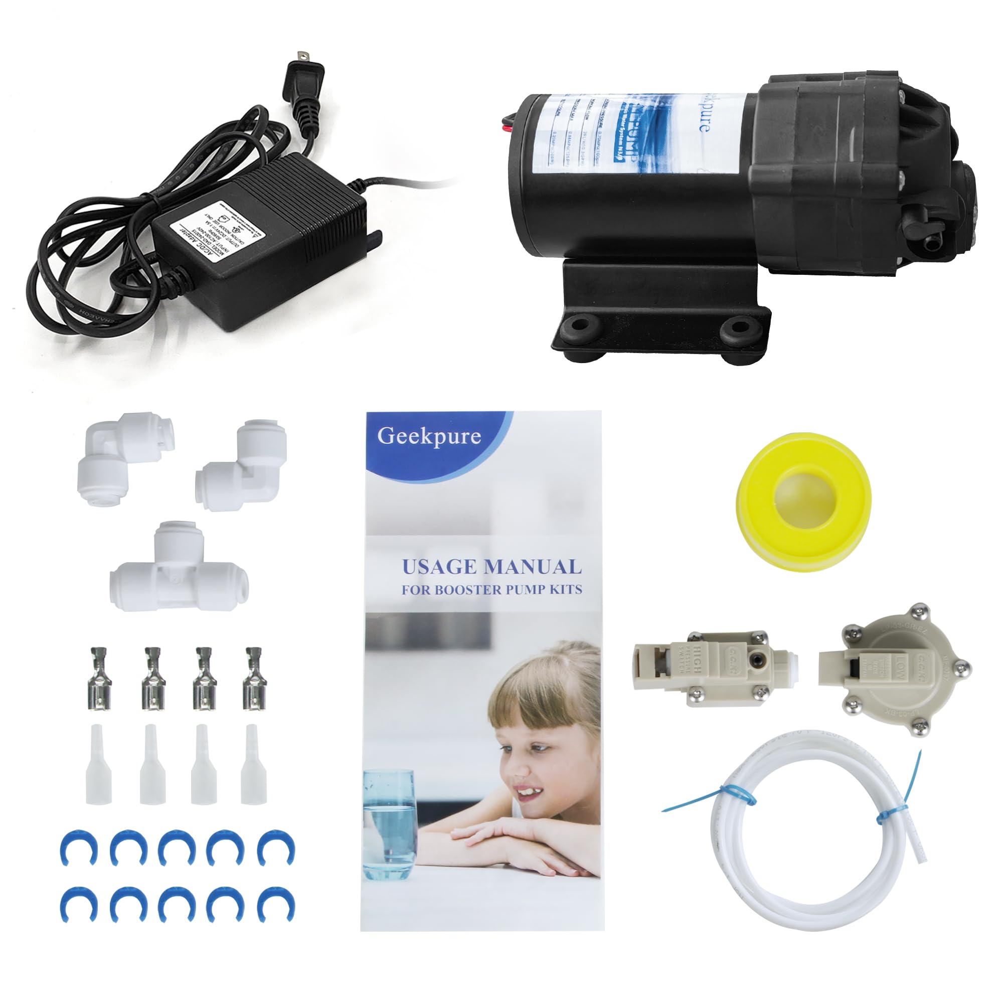 Photo 1 of Geekpure Reverse Osmosis Booster Pump Kit with Transformer + High and Low Pressure Switches + Fittings for 50-150 GPD RO System