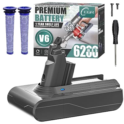 EGR Upgrade 6200mAh 21.6V V6 Battery Replacement Compatible with Dyson V6 Animal/Absolute/Motorhead/Fluffy DC58 DC59 DC61 DC62 DC72 DC74 SV03 SV04 SV05 SV06 Cordless Vacuum Cleaner. (Not Fit V7, V8)