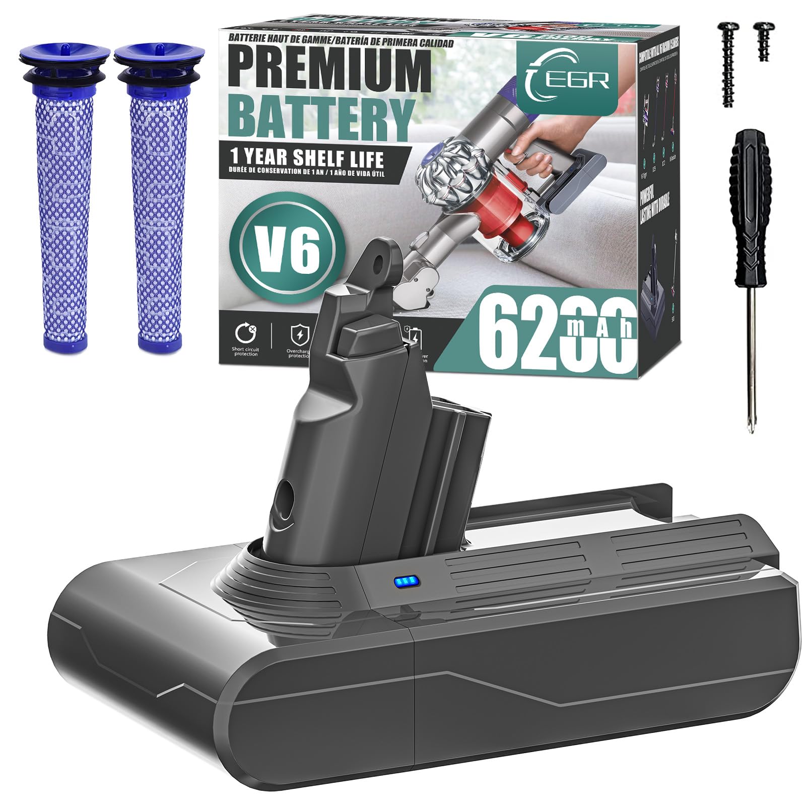 EGR Upgrade 21.6V V6 Battery Replacement Compatible with Dyson V6 Animal/Absolute/Motorhead/Fluffy DC58 DC59 DC61 DC62 DC72 DC74 SV03 SV04 SV05 SV06 Cordless Vacuum Cleaner. (Not Fit V7, V8) Image