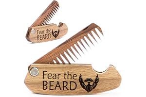 ENJOY THE WOOD Beard Comb Gifts for Him Wooden Comb for Men Folding Pocket for Moustache Hair Walnut Combs Husband with the Engraving (Fear The Beard)