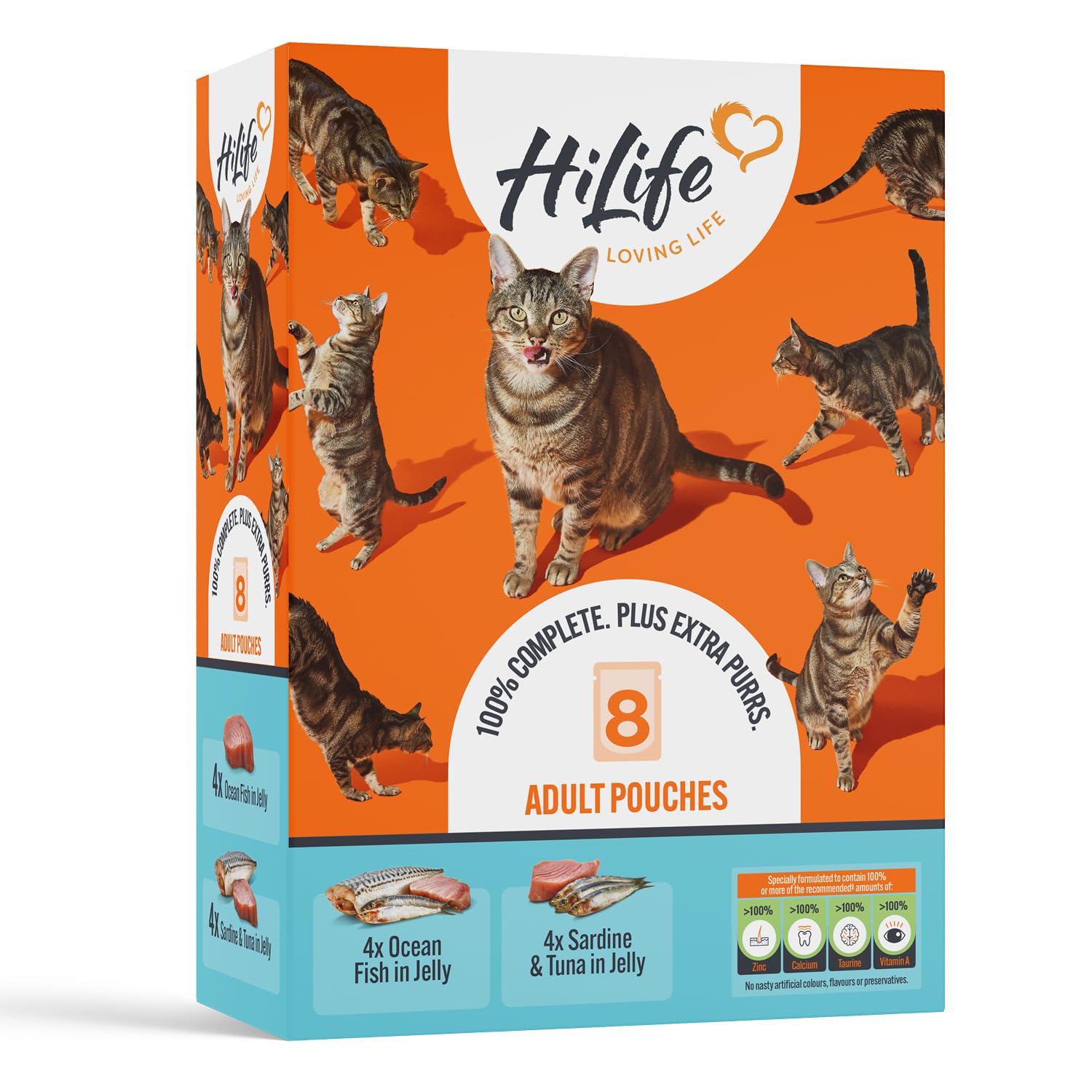 HiLife Adult Wet Cat Food, Mixed Ocean Fish in Jelly Recipes, Complete Cat Food Pouches, 100% Natural and Grain Free, Ocean Fish - Sardine with Tuna (8 x 70g Pouches)