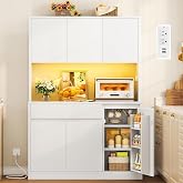 39.4"W Pantry Cabinet with Charging Station, Kitchen Pantry Cabinet | Kitchen Hutch Storage Cabinet with Microwave Stand &amp; LED Light, Coffee Bar with Door Shelves for Dining Room, 6 Doors, White