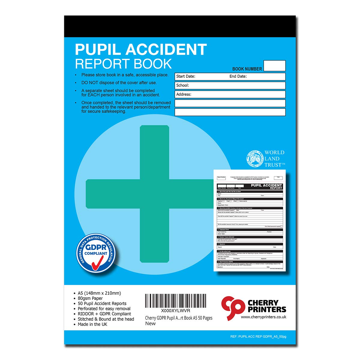 Cherry GDPR Pupil Accident Report Book A5 50 Pages
