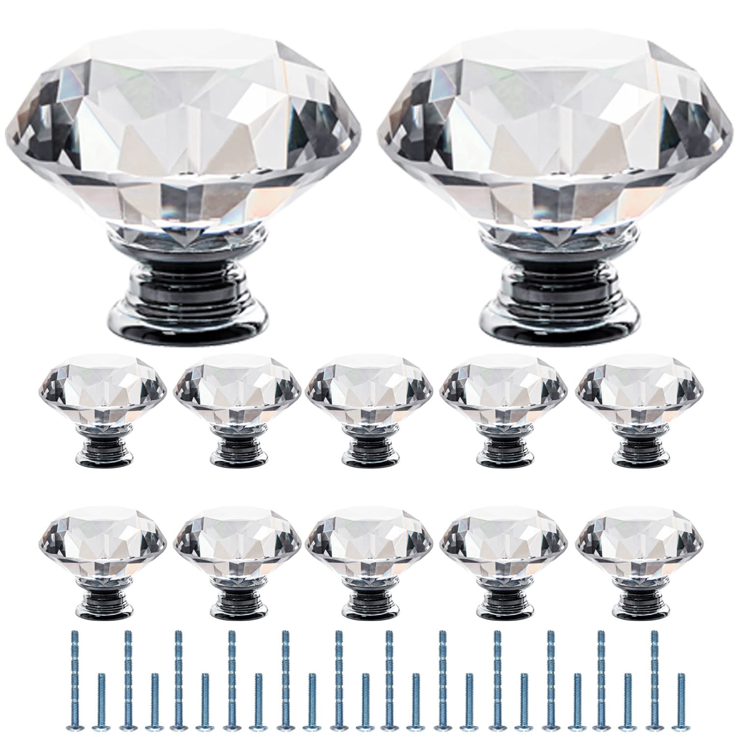 FURNIWARE Clear Crystal Door Knobs, 12 Pcs 40mm Crystal Glass Door Drawer Knobs Diamond Cut Drawer Handles with 3 Sizes Screws for Cupboard Cabinet Wardrobe Home Decorating
