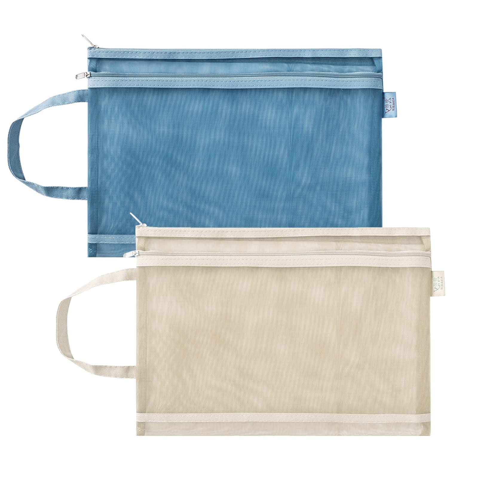 A4 Mesh File Zipper Pouch with Handle - Double Layered Zipper Document Bags for School, Office, Travel Storage (Khaki+Blue)