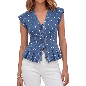 Tankaneo Womens Denim Vests Tops Summer Casual Y2k Fitted Pleated Jean Tops | Cap Sleeve, V Neck, Slim Fit, Button Down Denim
