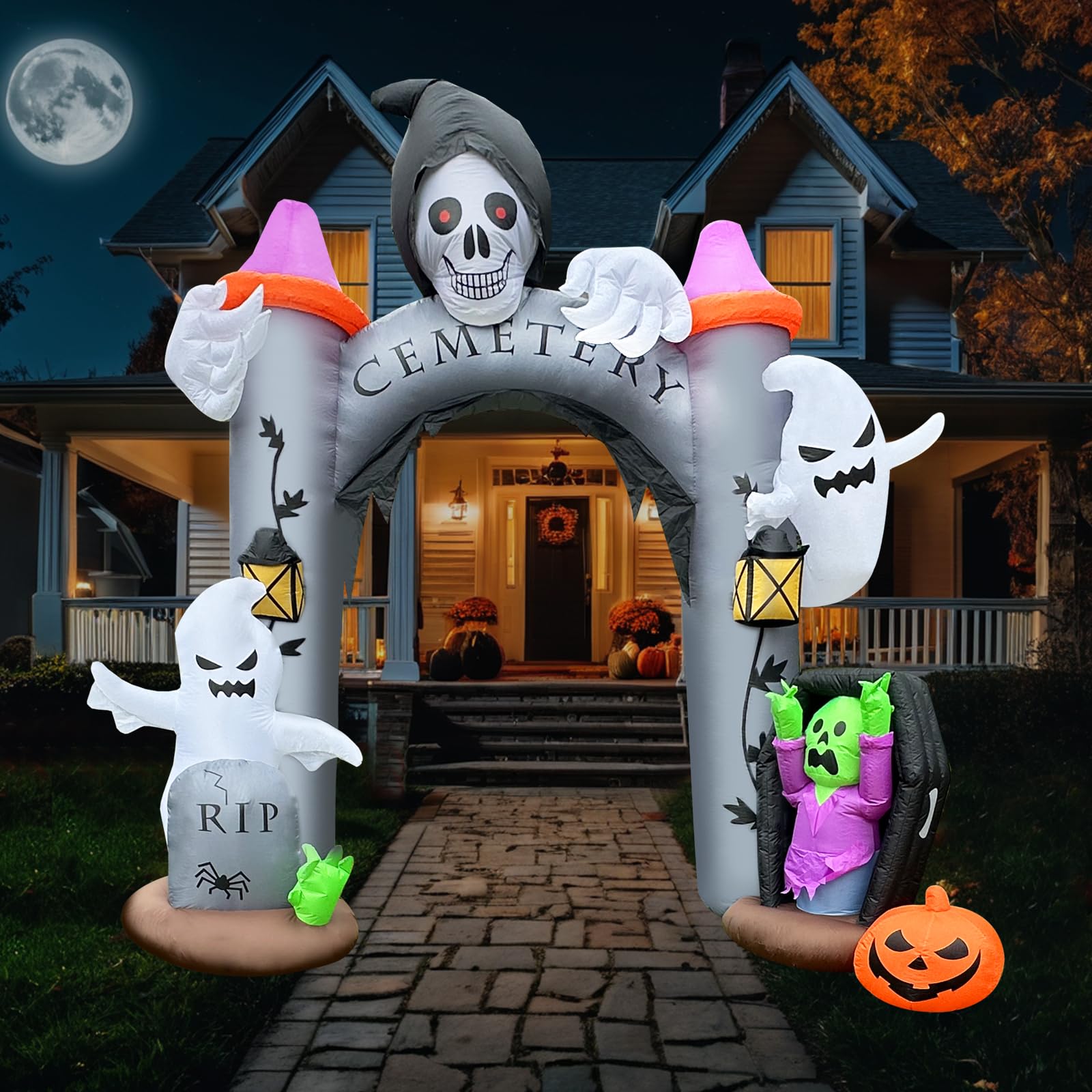 Photo 1 of 12FT Halloween Inflatable Giant Cemetery Archway with Grim Reaper, Pumpkin and Ghost Spooky Scary Party Blow Up Arch Outdoor Decoration with LED for Graveyard, Garden, Outside Lawn