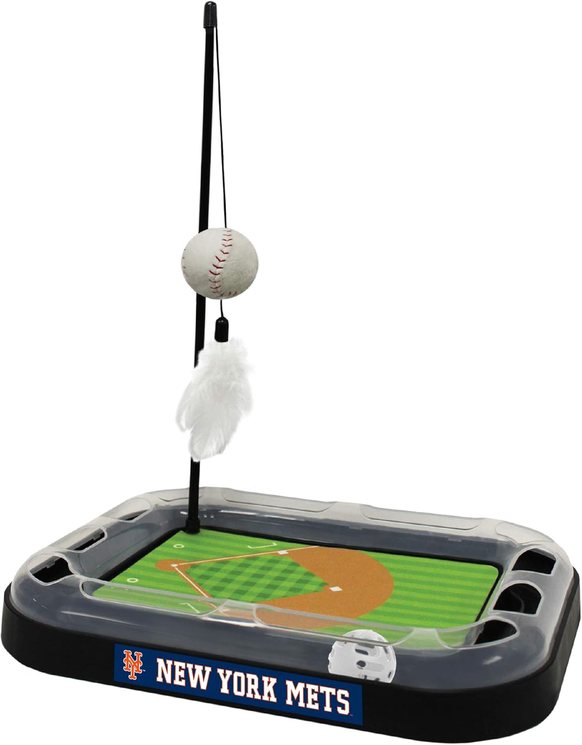 Pets First Cat Scratching Toy MLB New York Mets Baseball Field Cat Scratcher Toy with Interactive Cat Ball Bell in Tracks. 5-in-1 CAT Toy: Cat Wand Poll with Catnip Filled Plush Baseball & Feathers.