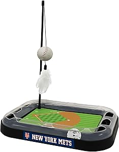 Pets First Cat Scratching Toy MLB New York Mets Baseball Field Cat Scratcher Toy with Interactive Cat Ball Bell in Tracks. 5-in-1 CAT Toy: Cat Wand Poll with Catnip Filled Plush Baseball & Feathers.