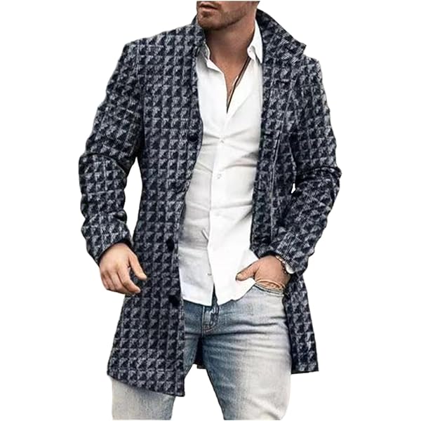 Plaid Trench Coat for Men Long Single Breasted Stand Collar Woolen