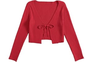 Floerns Women's Tie Front Long Sleeve Rib Knit Shrug Sweaters Cardigan Crop Top