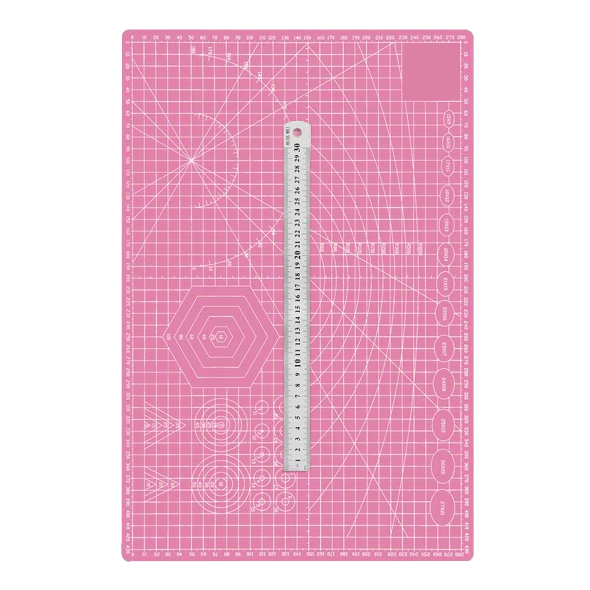 TEN-HIGH A3 Self-Healing Cutting Mat, Pink, 2 mm Thick, Craft Mat 45 cm x 30 cm, with Steel Ruler