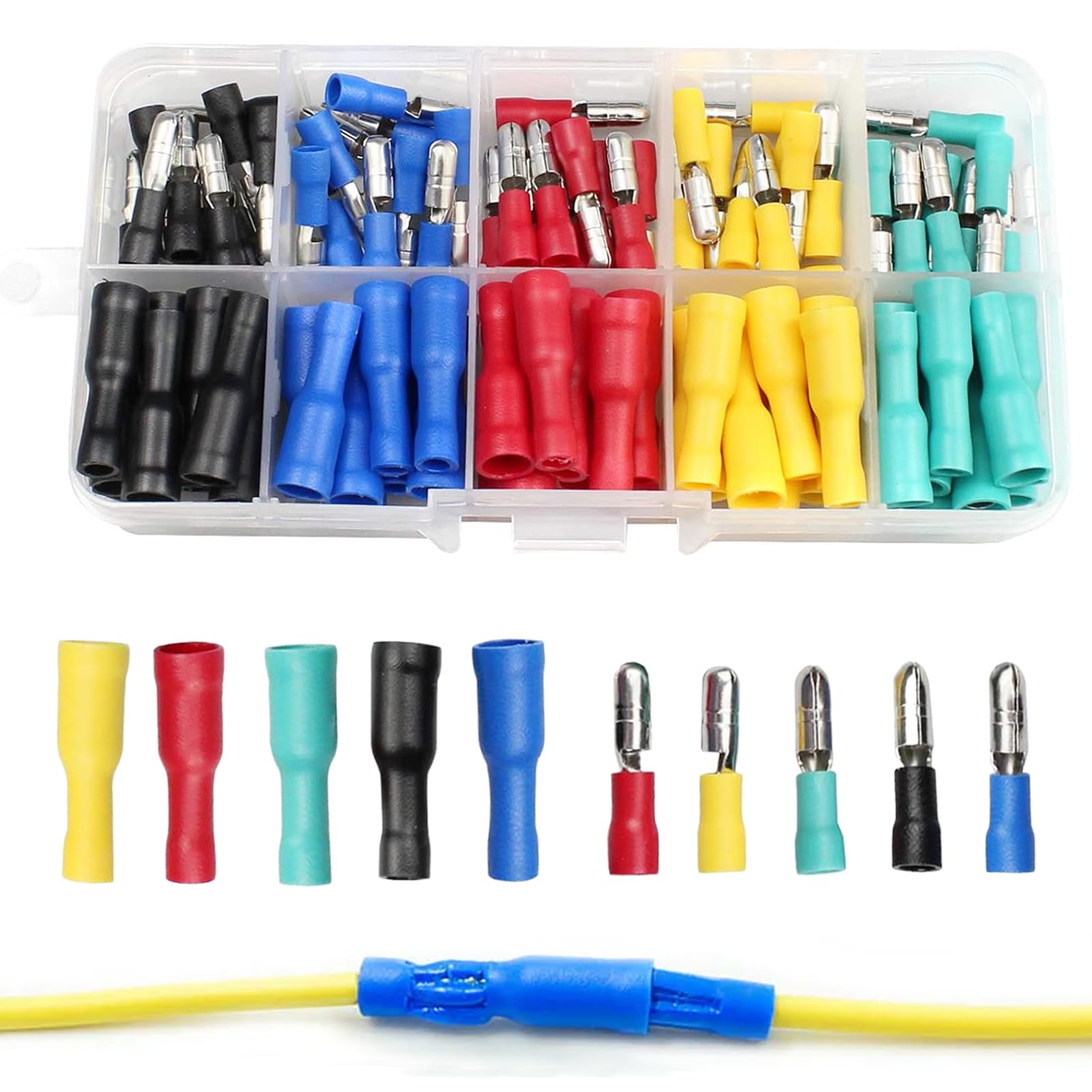 100PCS Crimp Connectors,Bullet Connectors 12v Multi-Sizes,Wire Connectors Push Fit Without Soldering Premium Material,Car Electrical Connectors for Automotive Electronics Household Cable Connector