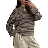 Women Y2k Rugby Polo Shirt Striped Knit Sweater Long Sleeve Collared V Neck Sweatshirt Oversized Pullover Tops