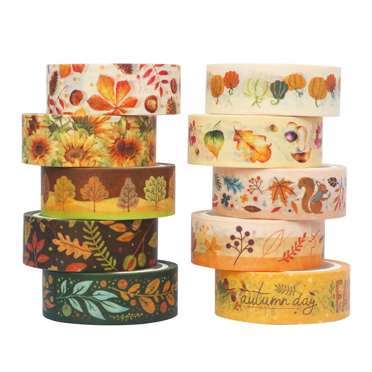 YUBX 10 Rolls Fall Washi Tape Set, Autumn Maple Leaves Sunflower Pumpkin Patterned Decorative Masking Tapes (Autumn Days)