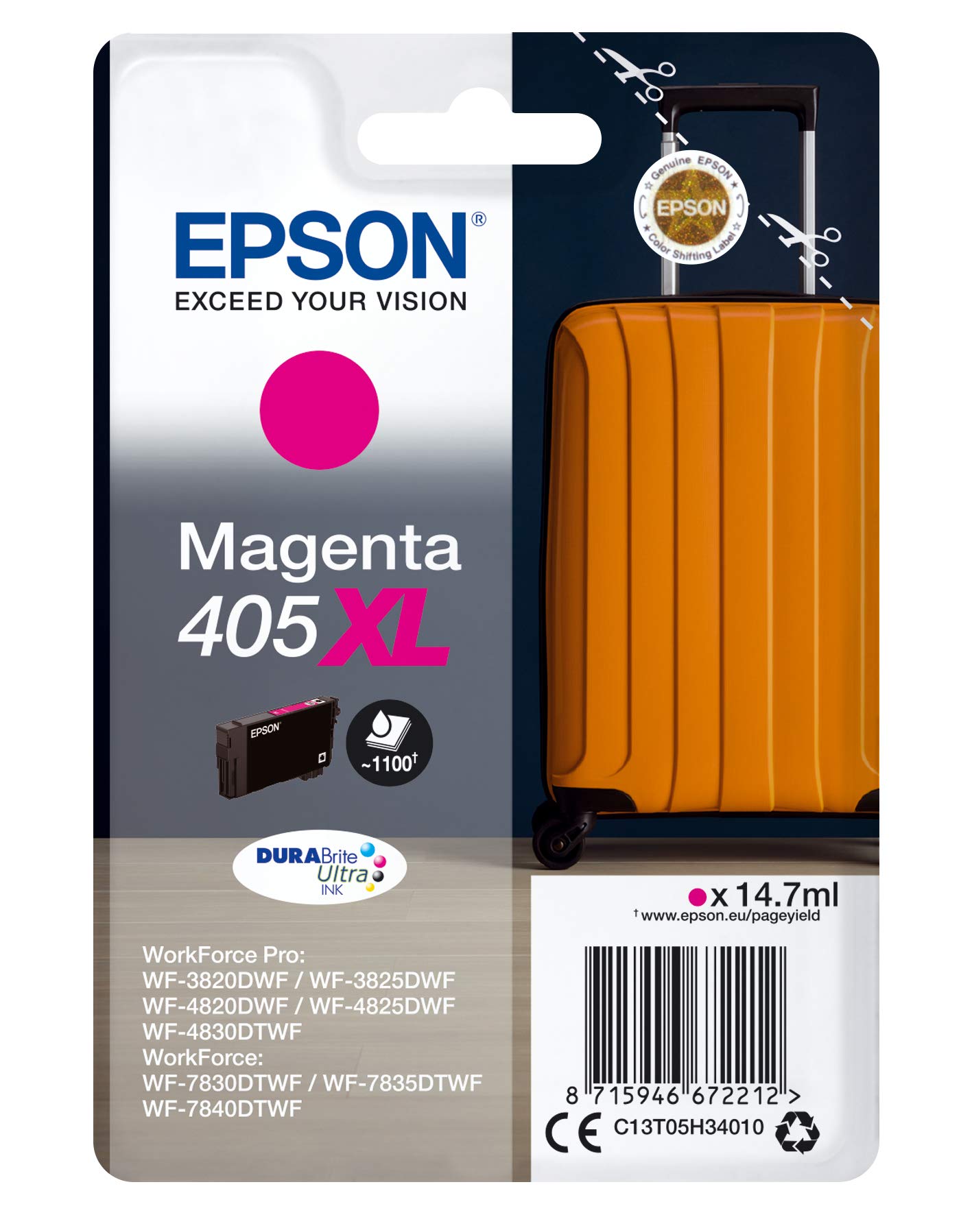 Epson Singlepack Magenta 405XL DURABrite Ultra Ink,Black