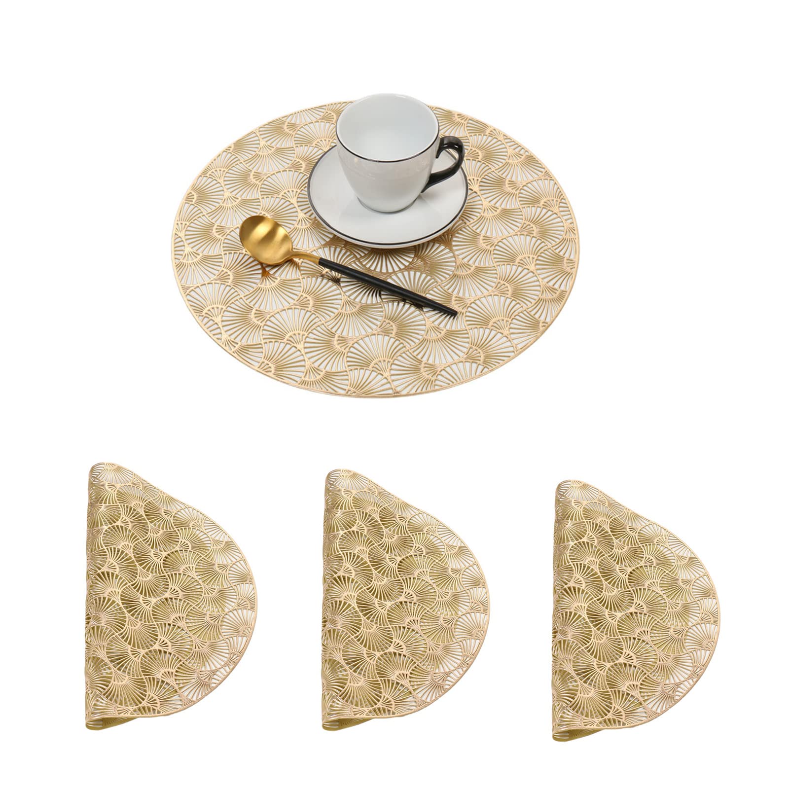 Hosoncovy 4 Pack PVC Placemats Round Hollow Placemats Waterproof Oilproof Table Placemats Set of 4 Decorative Placemats for Home Table Wedding Party (Gold)